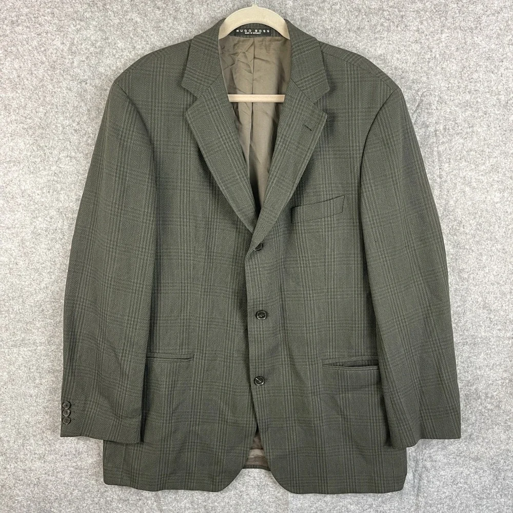 VTG Hugo Boss Blazer Sport Coat Mens 46R Gray Windowpane 3 Button Germany FLAWS